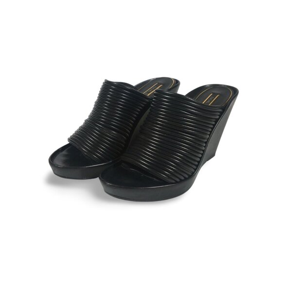 Rachel Zoe Keyla Slide Wedge Black Leather Open-Toe Sandals - Picture 1 of 7